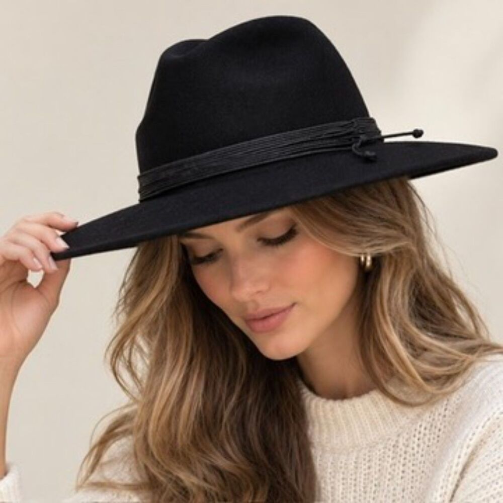 Vince Camuto Black 100% Wool Felt Wide Brim Fedora Hat Adjustable OS